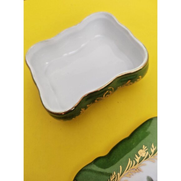 Vintage LIMOGES Lidded Porcelain Trinket Box 4.5" x 4" Green, Gold, Florals - Picture 4 of 13